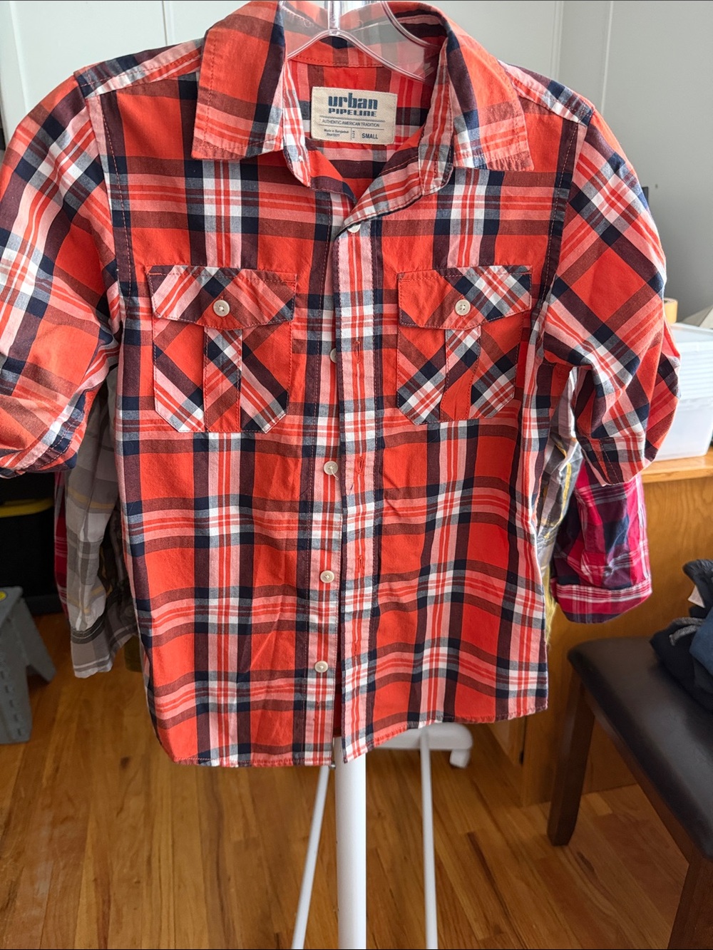 urban pipeline Orange and Navy Plaid Short-Sleeve Button-Down Shirt